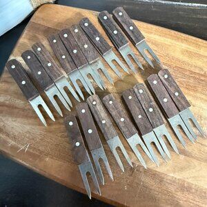 Vintage Corn Holders Cocktail Set 8 Stainless Steel Rosewood Handles Japan MCM